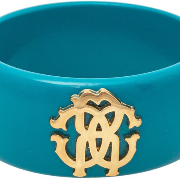 NEW Rare Luxe Authentic ROBERTO CAVALLI Teal Blue Gold Logo Wide Bangle Bracelet - Picture 5 of 6